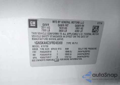 2015 Chevrolet Tahoe Ls из США, поврежденный, VIN 1GNSKAKC3FR245368